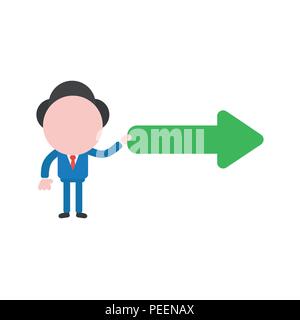 Vector illustration of businessman character holding green arrow icon pointing right. Stock Vector
