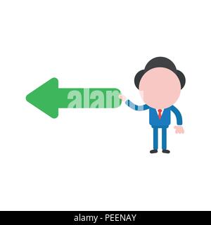 Vector illustration of businessman character holding green arrow icon pointing left. Stock Vector
