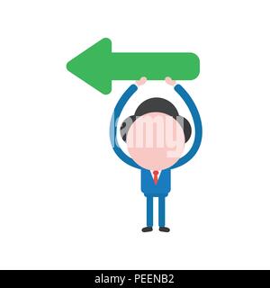 Vector illustration of businessman character holding up green arrow icon pointing left. Stock Vector