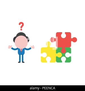 Vector illustration of businessman character confused with question mark and three puzzle pieces connected and one of piece is missing. Stock Vector