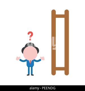 Vector illustration of confused businessman character and wooden ladder icon with missing steps. Stock Vector