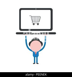 Vector illustration of businessman character holding up black laptop computer with grey shopping cart icon. Stock Vector