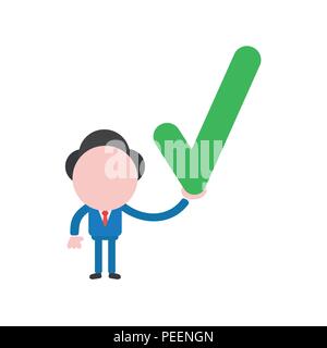 Vector illustration of businessman character holding green check mark icon. Stock Vector