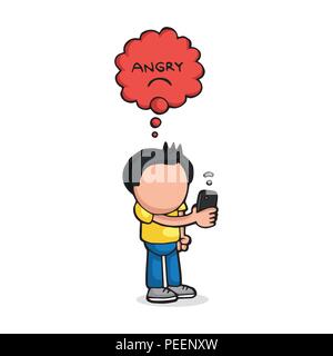 Vector hand-drawn cartoon illustration of man standing holding smartphone with angry thought bubble for bad wifi signal. Stock Vector