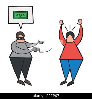 Vector illustration cartoon thief man with face masked with knife and want money with speech bubble from other man. Stock Vector