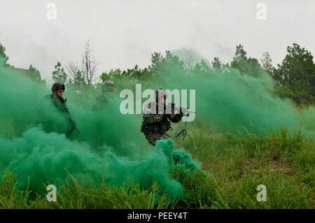 A paratrooper leads his men through smoke to clear their next objective on Fort Bragg, N.C., Aug. 6, 2015. The paratrooper, assigned to 1st Battalion,  504th Parachute Infantry Regiment, 1st Brigade Combat Team, 82nd Airborne  Division, conducted wire obstacle breaching, room clearing techniques, squad movements during the company combined live-fire exercise to evaluate each of the companies on efficiency in accomplishing their missions, while simultaneously communicating with others and calling for air and artillery support. Stock Photo