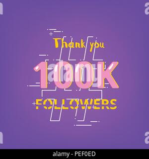 100K Followers thank you phrase with random items. Cover for social media. Chromatic aberration text style.  100000 subscribers banner. Vector illustr Stock Vector