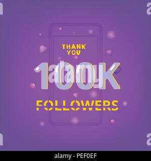 100K Followers thank you phrase with random items. Cover for social media. Glitch chromatic aberration style.  100000 subscribers banner. Vector illus Stock Vector