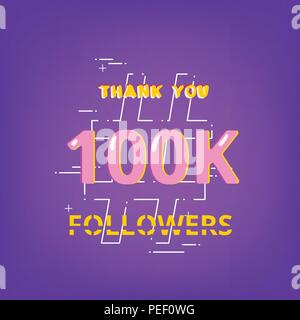 100K Followers thank you phrase with random items. Template for social media post. Glitch chromatic aberration style. Ultra violet palette colors. 100 Stock Vector