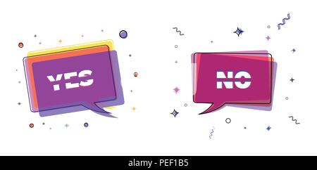 Yes and No check marks on speech bubbles with geometric shapes. Glitch style. Sliced text. Element for graphic design - poster, flyer, brochure, card, Stock Vector