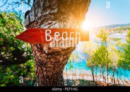 Assos village in morning sun beam light, Kefalonia. Greece. Beach wooden arrow sign on a pine tree showing direction to small hidden beach Stock Photo