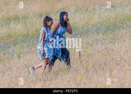 Pair of young Asian girls walking together in a dried field in Summer in the UK. Stock Photo