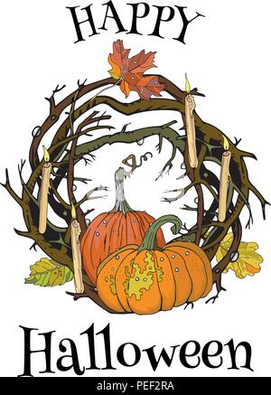 Halloween round gothic branches wreath with pumpkins, candles and leaves. Garland for invitation, greeting card, advertisement. Autumn, vintage, magic, harvest, October, November. Stock Vector