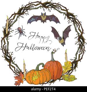 Halloween round gothic branches wreath with pumpkins, candles, autumn leaves, bats and spider. Garland for invitation, greeting card, poster design, advertisement. Hand drawn vector illustration. Stock Vector