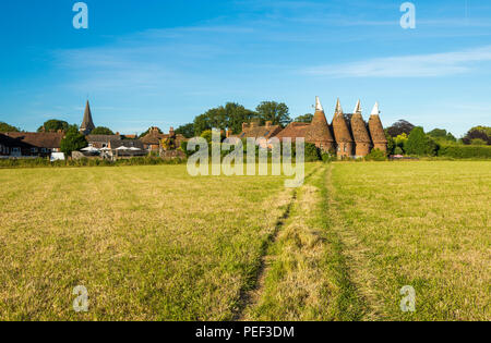 A four round kiln oast house in the East Kent village of Ickham. Stock Photo