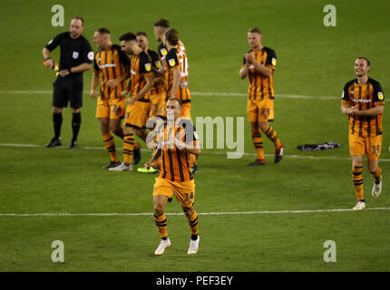 Hull City's Kamil Grosicki celebrates his side winning the penalty shoot out during the Carabao Cup, First Round match at Bramall Lane, Sheffield. Stock Photo