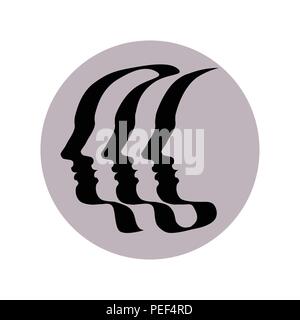 Three (or six) human profile, drawn by ribbon-like single line. Symbol of the unity in diversity. Vector drawing on isolated background. Stock Vector