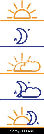 Times of day, morning, evening, night and round the clock vector icons with sun, moon, stars and clouds Stock Vector