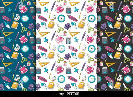 School supplies theme. Seamless pattern set. Vector illustrator. Stock Vector
