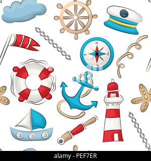 Marine nautical travel theme. Seamless pattern. Repeating background for textile, wrapping, wallpaper. Vector illustration. Stock Vector