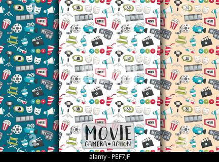 Movie cinema design. Seamless pattern set. Film theme background paper. Vector illustrator. Stock Vector