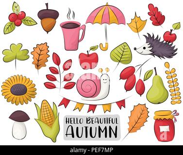 Autumn season icons set. Colorful hand drawn fall doodle objects. Vector illustration. Stock Vector