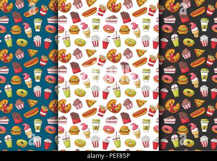 Set of fast food seamless pattern backgrounds. Restaurant menu decoration. Repeat backdrop for cover, wrapping paper, textile. Vector illustration. Stock Vector