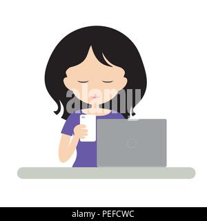 Young woman manager sitting at desk with laptop and mobile phone and working - isolated vector on white background Stock Vector