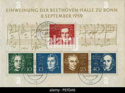 Inauguration of Beethoven Hall, Bonn, West Germany, Commemorative Stamps Sheet for Opening Concert,  September 8, 1959 Stock Photo