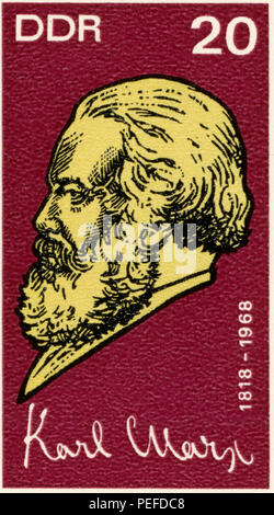 Karl Marx Stamp, Close-Up from Commemorative Postage Stamp Sheet Honoring Karl Marx 150th Birthday, East Germany, DDR, 1968 Stock Photo
