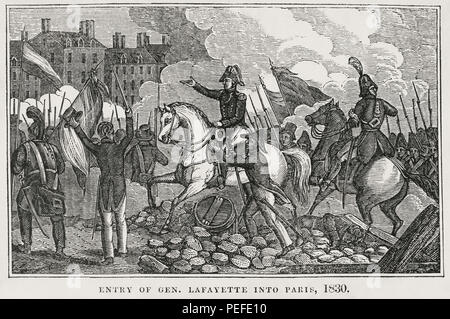 Entry of General Lafayette into Paris, 1830, Illustration from the Book, Historical Cabinet, L.H. Young Publisher, New Haven, 1834 Stock Photo