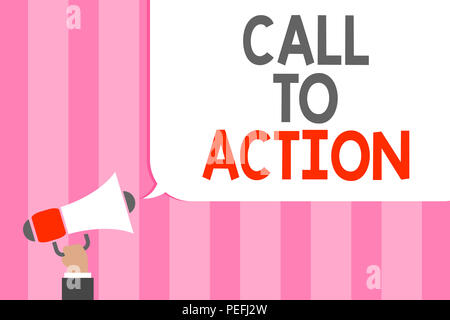Conceptual hand writing showing Call To Action. Business photo showcasing Encourage Decision Move to advance Successful strategy Man holding megaphone Stock Photo