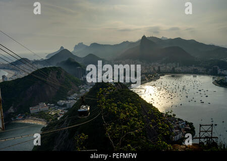 Photo taken in Rio de Janeiro, Brazil August 2017: View from Sugarloaf Mountain over the City during sunset Stock Photo