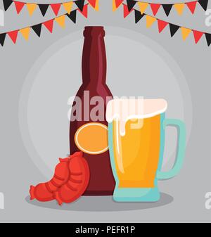 Oktoberfest festival design with beers and sausages over brown background, colorful design. vector illustration Stock Vector