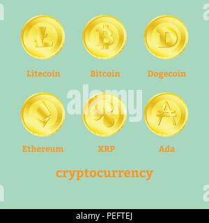 Different cryptocurrency signs on golden coins Stock Vector
