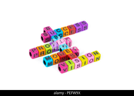 BUSINESS SUCCESS PROFIT MONEY VISION text made from colorful beads or letter bead on white background, finance and business concept idea. Stock Photo