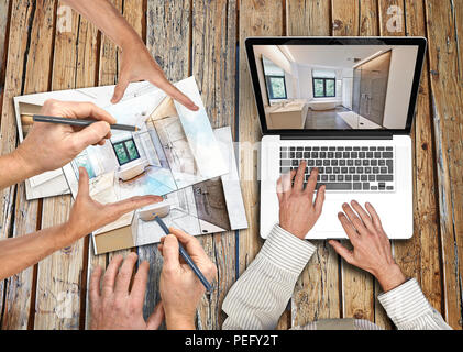 Businessman wearing a white shirt and green tie working on his laptop. Hands drawing sketch Stock Photo