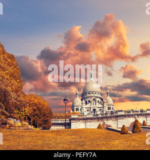 Basilica of Sacre-Coeur in Montmartre, Paris, France, early in the Autumn Stock Photo