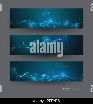Vector banners set. Circuit board and hexagons background. Vector abstract design network communication background. Futuristic digital science technol Stock Vector