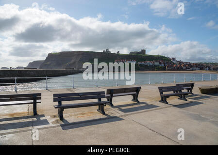 View from the West Pier at the entrance to the harbour at Whitby, North Yorkshire, England. Stock Photo