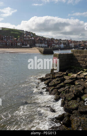 View from the West Pier at the entrance to the harbour at Whitby, North Yorkshire, England. Stock Photo