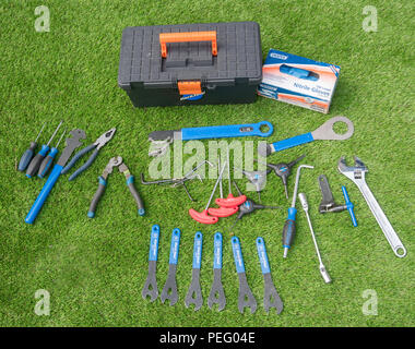 A collection of tools for bicycle maintenance Stock Photo