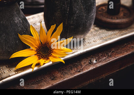 Sunflowers on a plate with decoration elements Stock Photo