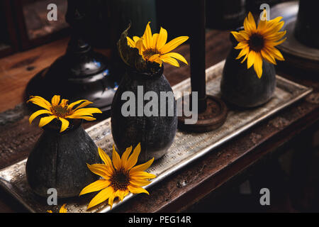 Sunflowers on a plate with decoration elements Stock Photo