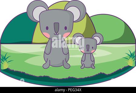 cute koalas in the grass over white background, vector illustration Stock Vector