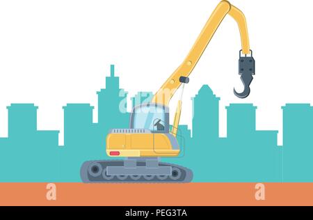 crane truck over city buildings and  white background, vector illustration Stock Vector