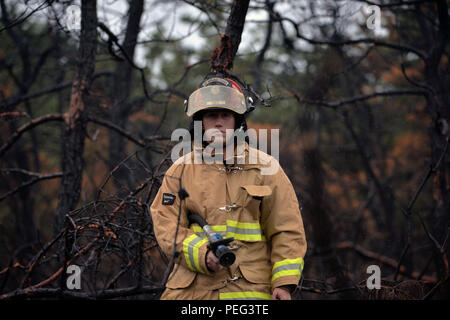 Senior Airman Brandon L. Ehlers, a firefighter with the 106th Rescue Wing, sprays down a burned area of woods with water on Aug. 21, 2015, in Westhampton Beach, N.Y. Multiple agencies and fire departments responded to a major brushfire in this area. Firefighters from the 106th visited to check for hot spots, a serious concern given the otherwise dry weather over the last week. The four acre fire destroyed a large swath of land outside FS Gabreski ANG just off Old Riverhead Road, requiring a multi-agency response, including eight brush trucks, seven tankers and fourteen different departments wo