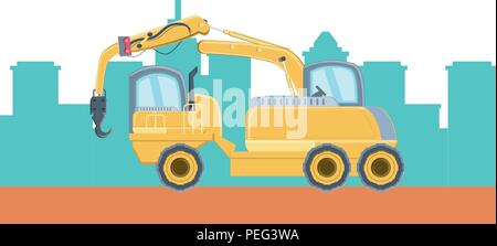 crane truck icon over city buildings and white background, vector illustration Stock Vector