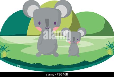 cute koalas in the grass over white background, vector illustration Stock Vector
