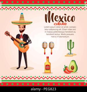 mexican mariachi with set icons character vector illustration Stock Vector